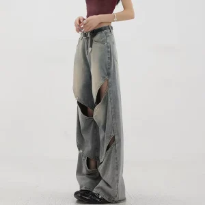 Women’s Vintage Washed Distressed Wide Leg Jeans Summer Loose Fit Cutout Ripped Floor Length Denim Pants Streetwear Trousers