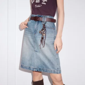 Women’s Vintage Washed High Waist A Line Denim Skirt Casual Knee Length Blue Jean Midi Skirt