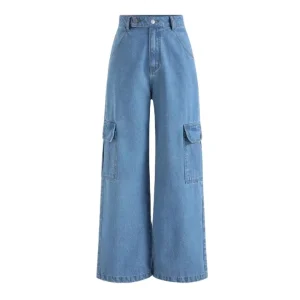 Women’s Vintage Wide Leg Trousers Mid Waist Casual Loose Washed Denim Jeans Streetwear