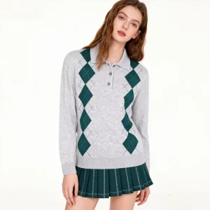 Women’s Vintage Winter Argyle Jacquard 100% Cotton Button Color Blocking for Collar Sweater Quick Dry Breathable Commuting
