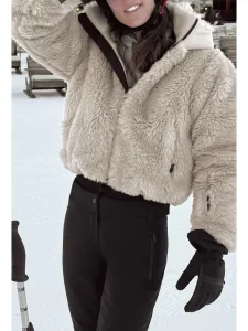 Women’s Vintage Woven Faux Fur Hooded Winter Jacket with Zipper Closure in Polyester Skiwear Warm Coat