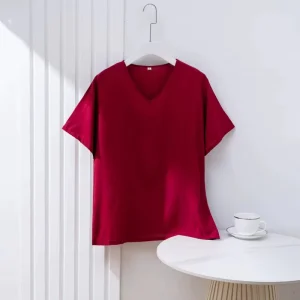 Women’s Viscose V-Neck Woven Short Sleeve Breathable Quick-Dry Sleepwear T-Shirt Dress Soft Home Wear Night Elastic Waist Solid