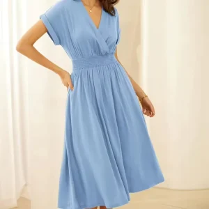 Women’s Waisted Maxi Dress Women’s Linen Dress V Neck A-line Mid-length Dress With Pockets