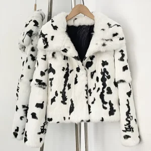 Women’s Warm Leopard Print Real Rabbit Fur Knitted Wide waisted Short Notched Lapel
