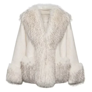 Women’s Warm Winter Faux Fur Coat White Fox Fur Collar Short Style Large Pockets Fluffy Cuffs Factory Direct