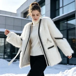 Women’s Warm and Stylish Winter Coat Custom-Made Women’s Coat Stud Accents Fluffy Fox-Like Texture