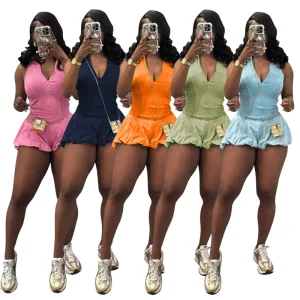 Women’s Washed Sleeveless Romper with Bubble Shorts Casual Denim Jumpsuit Summer Outfit