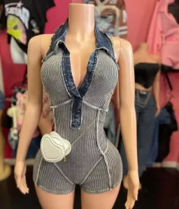 Women’s Washed Stretchy Jean Romper Casual Summer Ribbed Denim Jumpsuit Shorts