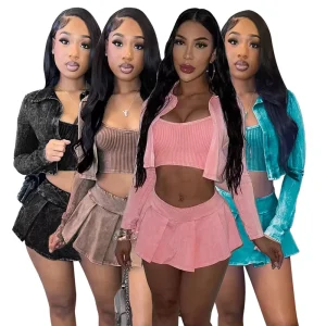 Women’s Water Washed Printed Shirt Vest Short Skirt Pleated Skirt Set Summer Women’s 3 Piece Set