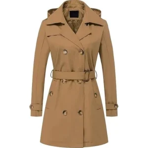 Women’s Waterproof Trench Coat Double Breasted Classic Lapel Overcoat Belted Slim Windbreaker Coat with Detachable Hood