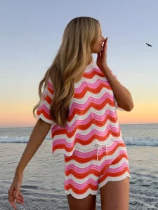 Women’s Wavy Striped Knit Set Spring 2 Piece Breathable 100% Polyester Hollow Out Short Sleeve Jumper Shorts Sunset Color