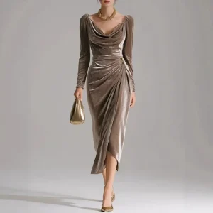 Women’s Wear Casual Velvet Anti Wrinkle High Waist Sexy Long Sleeved Slimming Pleated Long Women’s Evening Party Dresses