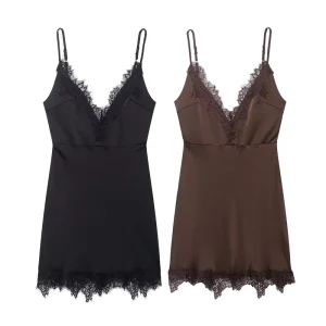 Women’s Wear Spring New Pure Desire Style Cami Dress Socialite V Neck Mesh Patchwork Lace Spaghetti Strap Natural