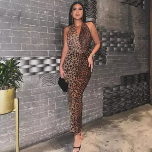 Women’s Wear Summer Sexy Backless Leopard Print Halter Sleeveless Dress