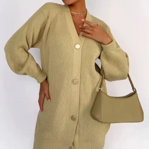 Women’s Western Casual Long Loose Fit Knitwear Cardigans Sweaters V Neck Single Button Closure Front Logo Polyester Cotton
