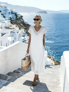 Women’s White Breathable Loose Knit Maxi Dress Spring V Neck Geometric Pointelle Sleeveless 100% Polyester Resort Wear