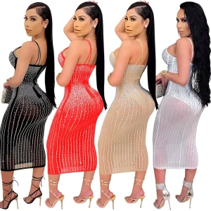 Women’s White Chiffon Dress for Nightclubs Diamond Inlaid Diamond Strap Perspective Leopard Net Gauze Overlay