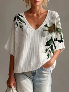 Women’s White Floral Knit Sweater Summer Oversized V Neck Batwing Sleeve Ribbed Top 100% Polyester Digital Printed Jumper