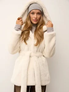 Women’s White Hooded Belted Faux Mink Fur Coat Winter Warm Thick Mid Length Fluffy Oversized Jacket Ladies Outerwear