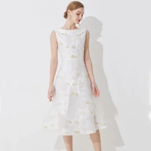 Women’s White Knee-Length Casual Summer Dress Jacquard Fashion Dress Floral Evening Clothing Formal Vestidos