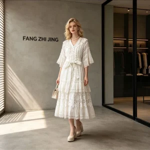 Women’s White Lace Tiered Summer Woven Breathable Dress Belted Midi Dress for Vacation Brunch Bridal Shower & Everyday Wear