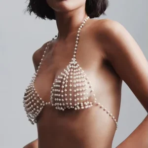 Women’s White Pearl Beaded Bra Top Sleeveless Backless Beach Body Chain Cover Up Crop Top Sexy Party Night Out Rave Tops