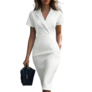 Women’s White Pinstripe Blazer Dress Notched Lapel Short Sleeve Bodycon Midi Dress with Pockets Office Wear Formal Work Dress