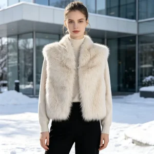 Women’s White Sleeveless Plush Vest Simple Loose Fit Cropped Plush Vest Factory Customized and Direct to Consumer