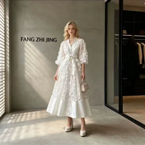 Women’s White Solid Maxi Dress Empire Waist Casual Puff Sleeve Belted Dress for Wedding Bridal Shower & Party