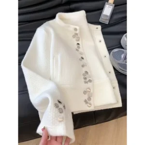 Women’s White Thick Long Cardigan with Embroidery and Button Detail Autumn Winter Design