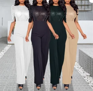Women’s Wide Leg Jumpsuit Fashion Casual High Waisted Round Neck Short Sleeve Loose Shiny Romper