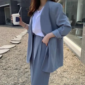 Women’s Wide Leg Pants Suit Korean British Style Fashionable Elegant Casual Business Wear Polyester Suit Set
