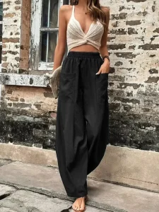 Women’s Wide Leg Pants & Trousers Breathable Casual Mid Waist Plus Size with Big Pocket Fashion Y2K Style