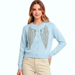 Women’s Wing Intarsia Cardigan Sweater with Buttons Crew Neck