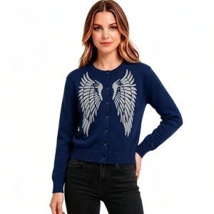 Women’s Wing Intarsia Cardigan Sweater with Buttons Crew Neck