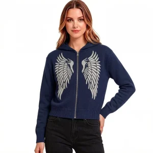 Women’s Wing Intarsia Cardigan Sweater with Hoodie with Zipper