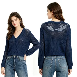Women’s Wing Intarsia Pointelle Sweater with Long Sleeve