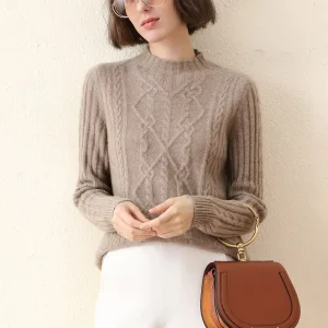 Women’s Winter 100% Cashmere Mock Neck Knit Sweater Long Sleeve Knitted Pullover