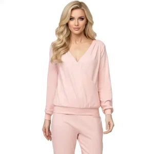 Women’s Winter Autumn Sleepwear Set Elegant Waffle Fabric Knitted Long Sleeve Top Pants Airy Breathable V Neck Nightgown