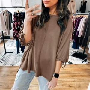 Women’s Winter Breathable Brown Waffle Knit Long Sleeve Blouse with Drawstring Cuffs Elegant Loose Fit Casual Top