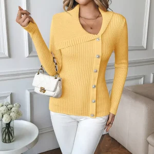 Women’s Winter Casual Asymmetrical V-Neck Slim Breathable Computer Knitted Knit Sweater Solid Color