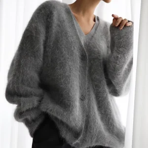 Women’s Winter Casual Style Thick V-Neck Cardigan Sweater With Button Front Logo Fuzzy Mohair Knitted Loose Fit