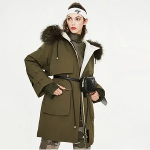 Women’s Winter Duck Down Coat Medium Length Parka Jacket Fur