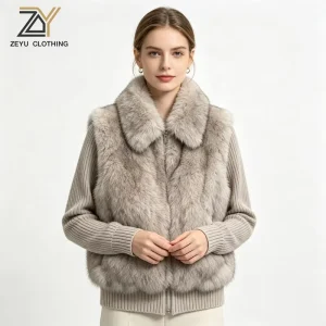 Women’s Winter Eco Friendly Faux Fur Vest with Detachable Knitted Sleeves Women’s Faux Fur Coats ODM OEM
