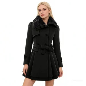 Women’s Winter Fashion Long Double-Breasted Jacket with Fur New Poncho Style Knitted Weaving Plain Dyed Belt