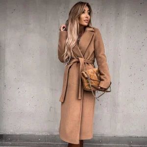 Women’s Winter Fashion Woolen Coat With Belt Bandage Long Style Women Long Sleeve Solid Color Lady Elegant Woolen Coats