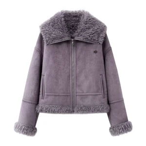 Women’s Winter Faux Fur Trimmed Jacket Oversized Faux Suede Moto Coat Warm Outerwear