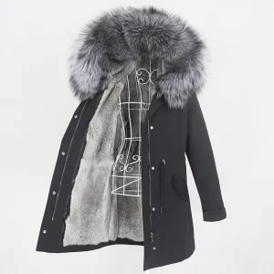 Women’s Winter Jacket Long Waterproof Parka Natural Raccoon Fox Fur Collar Hood Real Rabbit Fur Liner Coat