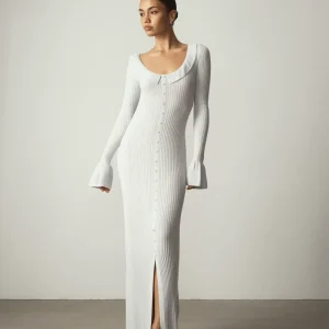 Women’s Winter Knit Sweater Dress with Elastic Waist, Long Bell Sleeves, Button Front Slit, Floor-Length Mermaid
