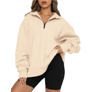 Women’s Winter Knitted Hoodies Regular Fit Casual Tops Half Zip Pullover Long Sleeve Sweatshirts DIY Stand Collar